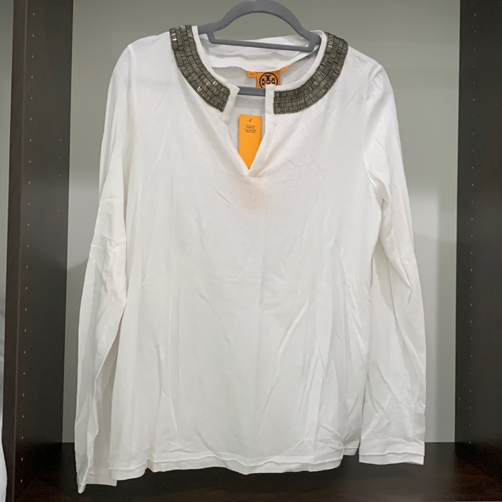 NWT Tory Burch long sleeve tee. Detailing at neck. Sz large